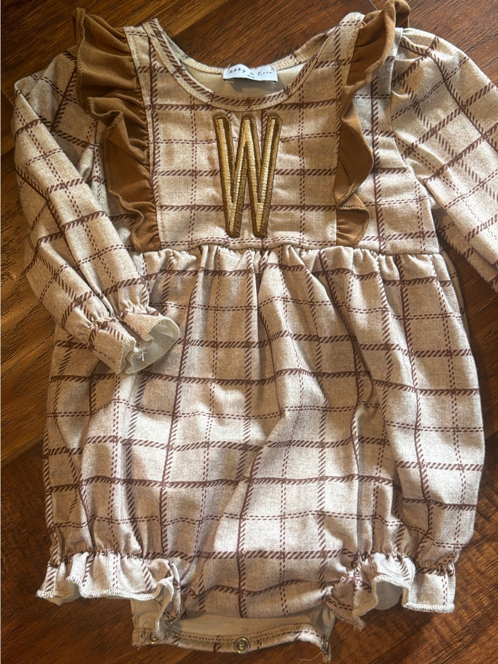 Baby Girls Cream Plaid Ruffle One-Piece with Gold Initial